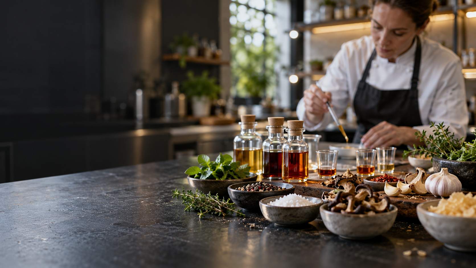 A professional food flavour development bench with small bowls of savoury ingredients, clear amber extract samples and a chef scientist working softly out of focus